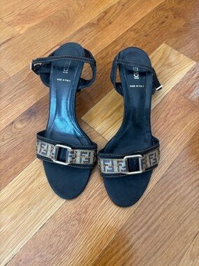 Fendi Monogram Logo Strap Buckle Heeled Sandals